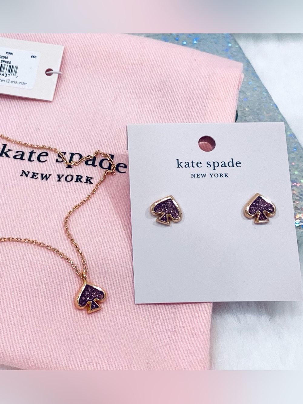 Kate Spade ♠️ earring and necklace set pink glitter gorgeous gift NWT